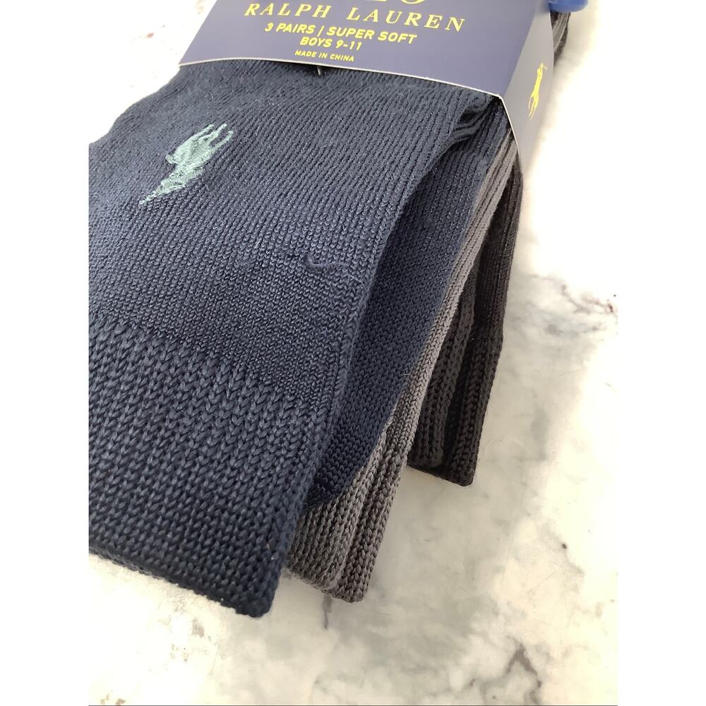 Polo Ralph Lauren Boys 9-11 Assorted 3 Pack Classic Super Soft Crew Socks OS9-33 - Picture 3 of 6